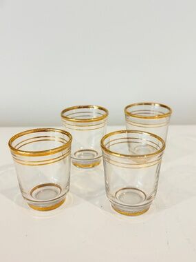 Vintage Mid Century liqueur shot glasses metallic gold toned rings SET OF FOUR